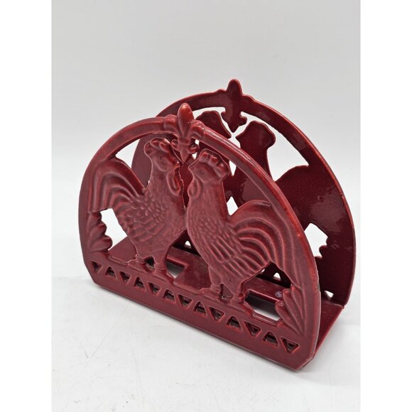Red Cast Iron Rooster Farmhouse Napkin Holder Vintage - Picture 4 of 10